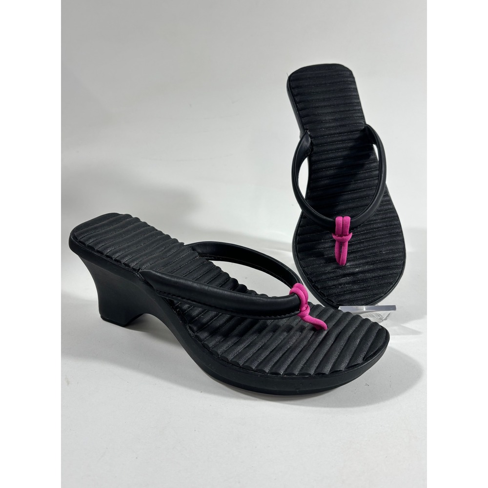 Crocs Sassari Wedge Sandals Womens 6 Black Pink Thong Strappy Platform Heels